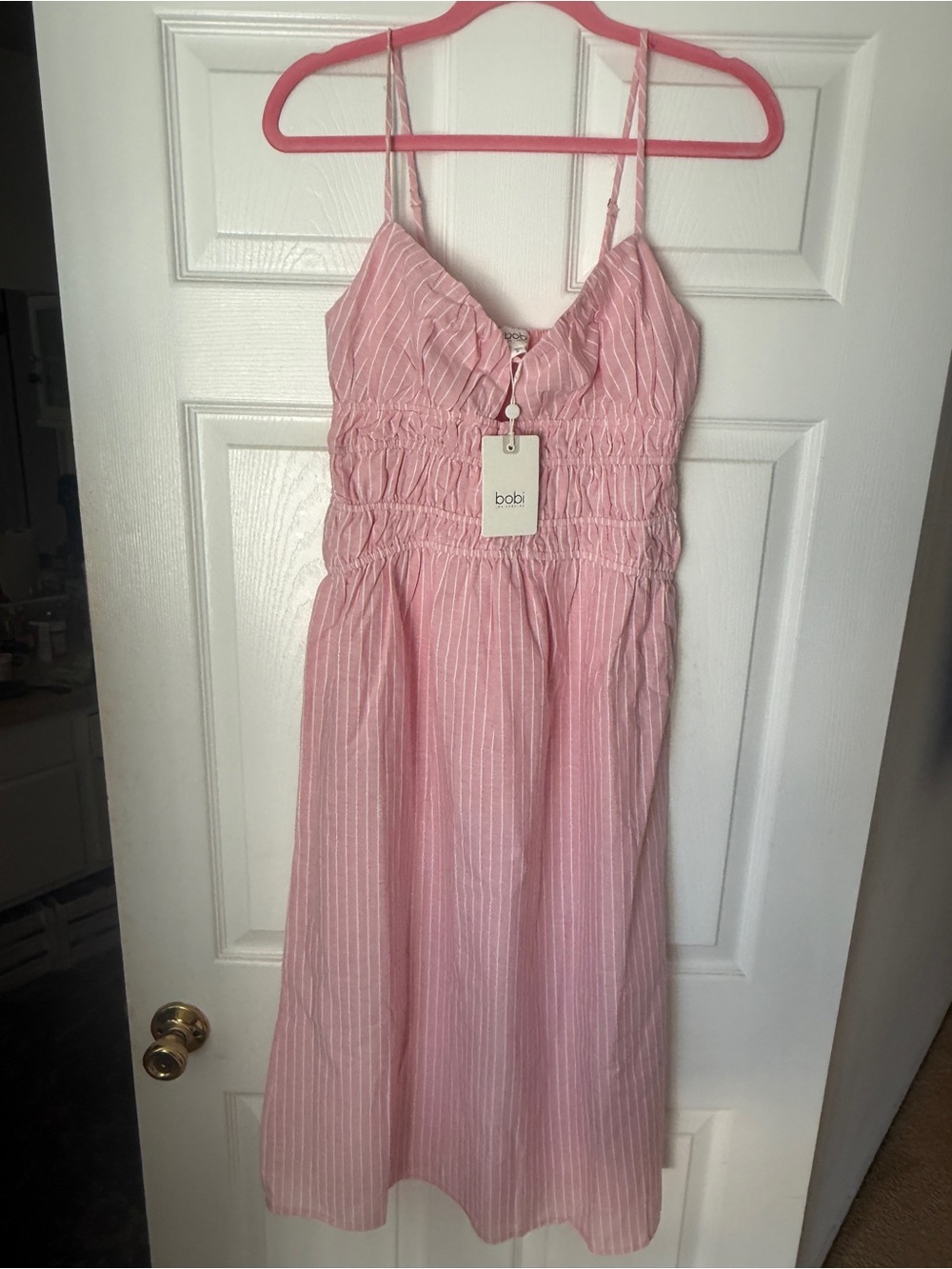 Bobi USA Pink  and White Striped  Smocked Midi Dress  Size S | 100% Cotton | NWT